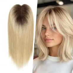 Toppers for WomenTop Hairpieces 100% Real Human Hair with bangs Human Hair Toppers with 3 Clips Swiss Lace Base Hand-Tied Hair lossing/Thinning Gray hair 12inch Ombre Light Blonde