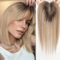 Toppers for WomenTop Hairpieces 100% Real Human Hair with bangs Human Hair Toppers with 3 Clips Swiss Lace Base Hand-Tied Hair lossing/Thinning Gray hair 12inch Ombre Light Blonde