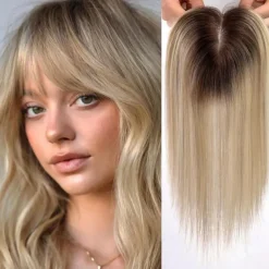 Toppers for WomenTop Hairpieces 100% Real Human Hair with bangs Human Hair Toppers with 3 Clips Swiss Lace Base Hand-Tied Hair lossing/Thinning Gray hair 12inch Ombre Light Blonde