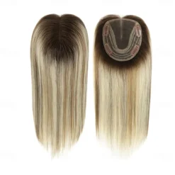 Toppers for WomenTop Hairpieces 100% Real Human Hair with bangs Human Hair Toppers with 3 Clips Swiss Lace Base Hand-Tied Hair lossing/Thinning Gray hair 12inch Ombre Light Blonde