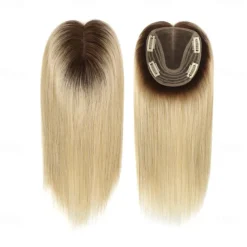 Toppers for WomenTop Hairpieces 100% Real Human Hair with bangs Human Hair Toppers with 3 Clips Swiss Lace Base Hand-Tied Hair lossing/Thinning Gray hair 12inch Ombre Light Blonde