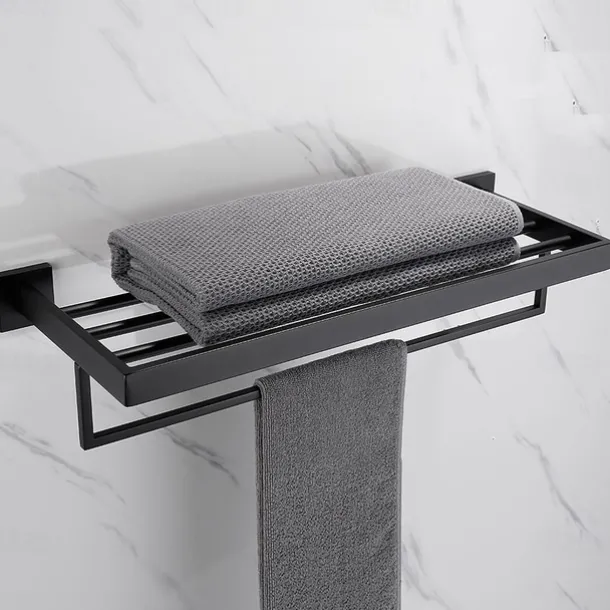 Towel Rack Multifunction Premium Design Stainless Steel Bathroom Shelf Wall Mounted Matte Black 1pc