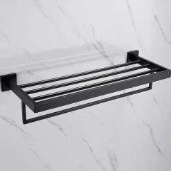 Towel Rack Multifunction Premium Design Stainless Steel Bathroom Shelf Wall Mounted Matte Black 1pc