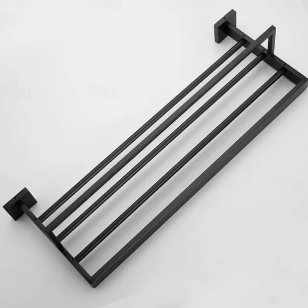 Towel Rack Multifunction Premium Design Stainless Steel Bathroom Shelf Wall Mounted Matte Black 1pc