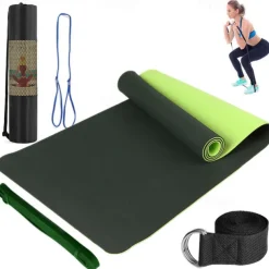 TPE6mm Two tone Yoga Mat Set of Five Pieces for Sports Fitness Stretching Latex 2080 Resistance Belt Comes with Backpack Strap