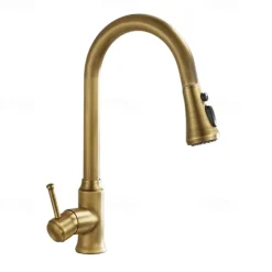 Traditional Kitchen Faucet Pull Out Sink Mixer Vessel Brass Taps, 360 Degree Single Handle Vintage Taps with Cold and Hot Hose