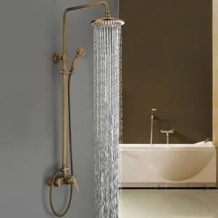 Traditional Shower Faucets Set, Wall Mount Antique Brass Tap with 8 Inch Round Rainfall Shower Head Wide Spout Brass Handheld Sprayer, Bathroom Shower System Vintage Brushed Rainfall Shower Suit