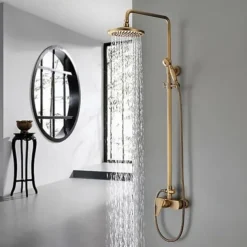 Traditional Shower Faucets Set, Wall Mount Antique Brass Tap with 8 Inch Round Rainfall Shower Head Wide Spout Brass Handheld Sprayer, Bathroom Shower System Vintage Brushed Rainfall Shower Suit