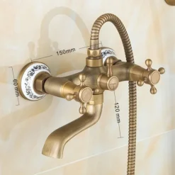 Traditional Shower System Faucet Set with Bathtub Spout with Heldhand Handshower Spray, Vintage Brass Dual Spout Wall Mounted Ceramic Mixer Valve