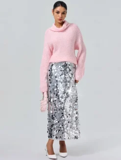 Turtleneck Ribbed Knit Wool Sequins Drop Shoulder Casual Daily Sweater