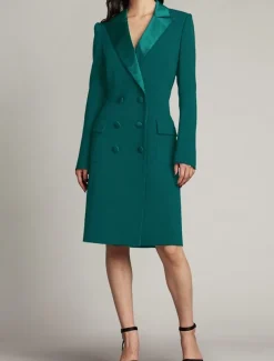 Tuxedo Dress Blazer Dress Sheath / Column Mother of the Bride Dress Elegant Simple Luxurious V Neck Peak Lapel Midi Length Satin Crepe Long Sleeve