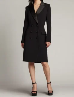 Tuxedo Dress Blazer Dress Sheath / Column Mother of the Bride Dress Elegant Simple Luxurious V Neck Peak Lapel Midi Length Satin Crepe Long Sleeve