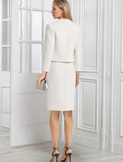 Tweed Boucle Knit Dress Set Two Piece Sheath / Column Mother of the Bride Dress Elegant Simple Minimalist V Neck Lapel Tea Length 3/4 Length Sleeve with Gold Metal Button