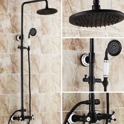Two Handles Shower Systerm Set, Black Brass Faucet Three Holes Adjustable Electroplated Rainfall High Pressure Shower Mixer Taps with Rain Shower and Hand Shower