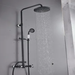 Two Handles Shower Systerm Set, Black Brass Faucet Three Holes Adjustable Electroplated Rainfall High Pressure Shower Mixer Taps with Rain Shower and Hand Shower
