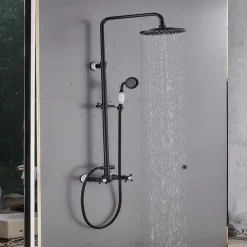 Two Handles Shower Systerm Set, Black Brass Faucet Three Holes Adjustable Electroplated Rainfall High Pressure Shower Mixer Taps with Rain Shower and Hand Shower