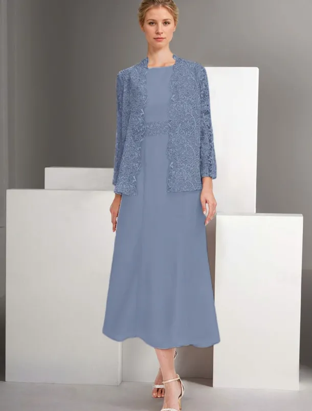 Two Piece A-Line Dress Sets Mother of the Bride Dress Elegant Crew Neck Ankle Length Chiffon Long Sleeve Jacket Dresses with Lace Embroidery