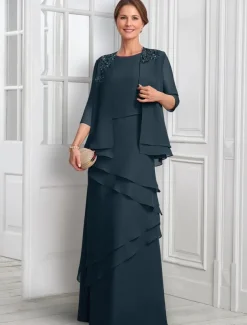 Two Piece A-Line Formal Suit Mother of the Bride Dress Elegant Sparkle & Shine Jewel Neck Floor Length Chiffon Half Sleeve with Buttons Appliques Flower