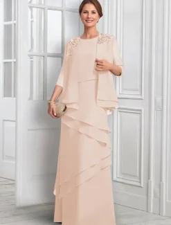 Two Piece A-Line Formal Suit Mother of the Bride Dress Elegant Sparkle & Shine Jewel Neck Floor Length Chiffon Half Sleeve with Buttons Appliques Flower
