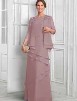 Two Piece A-Line Formal Suit Mother of the Bride Dress Elegant Sparkle & Shine Jewel Neck Floor Length Chiffon Half Sleeve with Buttons Appliques Flower