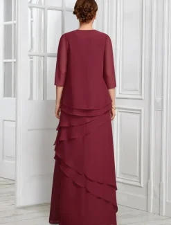 Two Piece A-Line Formal Suit Mother of the Bride Dress Elegant Sparkle & Shine Jewel Neck Floor Length Chiffon Half Sleeve with Buttons Appliques Flower