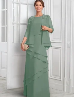 Two Piece A-Line Formal Suit Mother of the Bride Dress Elegant Sparkle & Shine Jewel Neck Floor Length Chiffon Half Sleeve with Buttons Appliques Flower