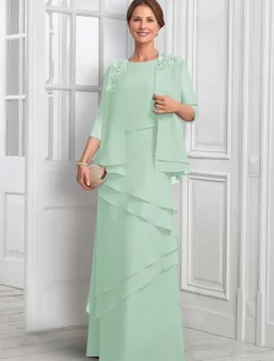 Two Piece A-Line Formal Suit Mother of the Bride Dress Elegant Sparkle & Shine Jewel Neck Floor Length Chiffon Half Sleeve with Buttons Appliques Flower