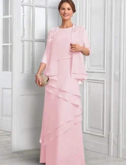 Two Piece A-Line Formal Suit Mother of the Bride Dress Elegant Sparkle & Shine Jewel Neck Floor Length Chiffon Half Sleeve with Buttons Appliques Flower