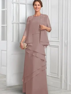 Two Piece A-Line Formal Suit Mother of the Bride Dress Elegant Sparkle & Shine Jewel Neck Floor Length Chiffon Half Sleeve with Buttons Appliques Flower