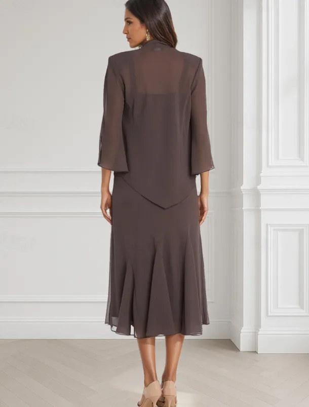 Two Piece A-Line Mother of the Bride Dress Elegant Square Neck Floor Length Chiffon Long Sleeve Wrap Included with Lace Tier Embroidery 20