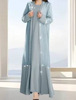 Two Piece A-Line Mother of the Bride Dress Formal Elegant Simple Luxurious Boat Neck Floor Length Satin Organza Long Sleeve with Crystals