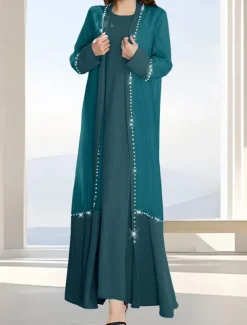 Two Piece A-Line Mother of the Bride Dress Formal Elegant Simple Luxurious Boat Neck Floor Length Satin Organza Long Sleeve with Crystals