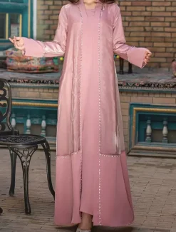 Two Piece A-Line Mother of the Bride Dress Formal Elegant Simple Luxurious Boat Neck Floor Length Satin Organza Long Sleeve with Crystals