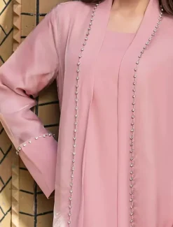 Two Piece A-Line Mother of the Bride Dress Formal Elegant Simple Luxurious Boat Neck Floor Length Satin Organza Long Sleeve with Crystals