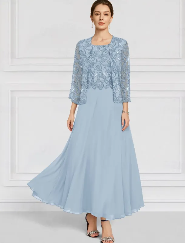 Two Piece A-Line Mother of the Bride Dress Beaded Elegant Vintage Simple Crew Neck Ankle Length Lace Long Sleeve with Lace Embroidery