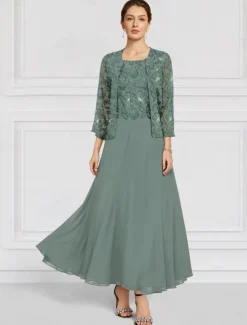 Two Piece A-Line Mother of the Bride Dress Beaded Elegant Vintage Simple Crew Neck Ankle Length Lace Long Sleeve with Lace Embroidery