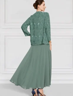 Two Piece A-Line Mother of the Bride Dress Beaded Elegant Vintage Simple Crew Neck Ankle Length Lace Long Sleeve with Lace Embroidery