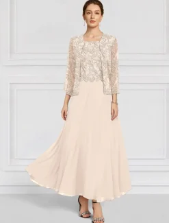 Two Piece A-Line Mother of the Bride Dress Beaded Elegant Vintage Simple Crew Neck Ankle Length Lace Long Sleeve with Lace Embroidery