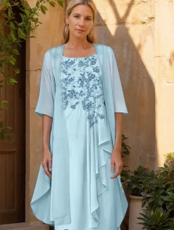Two Piece A-Line Mother of the Bride Dress Elegant Minimalist Sparkle & Shine Crew Neck Knee Length Chiffon Lace Half Sleeve Wrap Included Jacket Dresses with Beading Ruffles Appliques