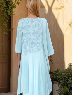 Two Piece A-Line Mother of the Bride Dress Elegant Minimalist Sparkle & Shine Crew Neck Knee Length Chiffon Lace Half Sleeve Wrap Included Jacket Dresses with Beading Ruffles Appliques
