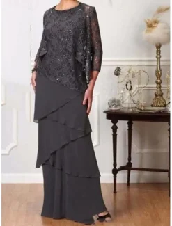 Two Piece A-Line Mother of the Bride Dress Elegant Jewel Neck Floor Length Chiffon 3/4 Length Sleeve with Cascading Ruffles