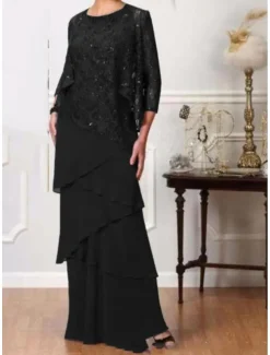 Two Piece A-Line Mother of the Bride Dress Elegant Jewel Neck Floor Length Chiffon 3/4 Length Sleeve with Cascading Ruffles