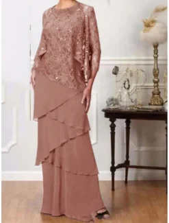 Two Piece A-Line Mother of the Bride Dress Elegant Jewel Neck Floor Length Chiffon 3/4 Length Sleeve with Cascading Ruffles