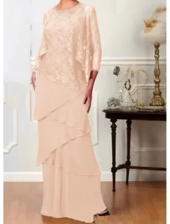 Two Piece A-Line Mother of the Bride Dress Elegant Jewel Neck Floor Length Chiffon 3/4 Length Sleeve with Cascading Ruffles