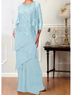 Two Piece A-Line Mother of the Bride Dress Elegant Jewel Neck Floor Length Chiffon 3/4 Length Sleeve with Cascading Ruffles