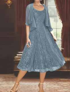 Two Piece A-Line Mother of the Bride Dress Elegant Simple Casual Boat Neck Ankle Length Chiffon Long Sleeve with Lace Ruffles