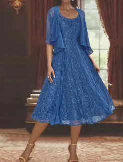 Two Piece A-Line Mother of the Bride Dress Elegant Simple Casual Boat Neck Ankle Length Chiffon Long Sleeve with Lace Ruffles