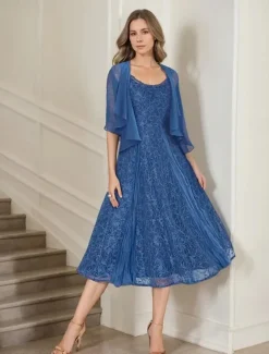 Two Piece A-Line Mother of the Bride Dress Elegant Simple Casual Boat Neck Ankle Length Chiffon Long Sleeve with Lace Ruffles