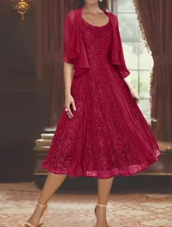 Two Piece A-Line Mother of the Bride Dress Elegant Simple Casual Boat Neck Ankle Length Chiffon Long Sleeve with Lace Ruffles