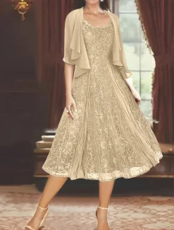 Two Piece A-Line Mother of the Bride Dress Elegant Simple Casual Boat Neck Ankle Length Chiffon Long Sleeve with Lace Ruffles